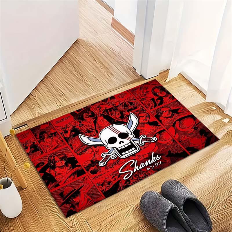 Red Pirate Skull Cross Swords Area Rug, Shanks Comic Collage Print Non Slip Floor Carpet for Living Room Bedroom Decor