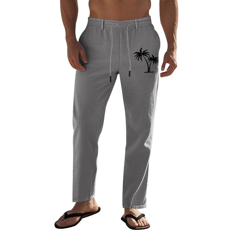 European, American Retro Men's Coconut Tree Printing Breathable Cotton and Linen Loose Casual Sports Trousers Men