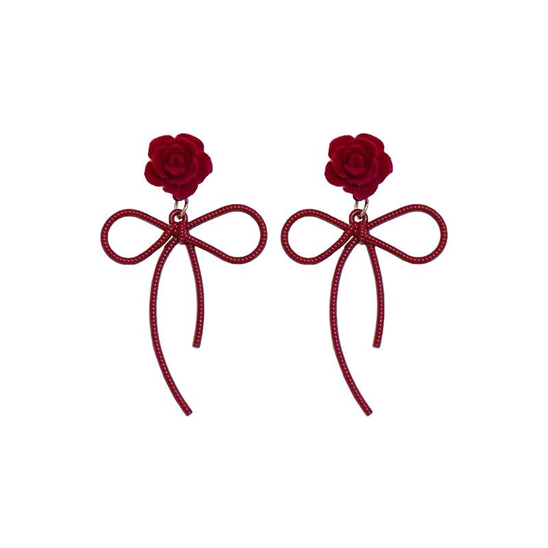 Red flower bow stud earrings niche design sense light luxury fashion high-end earrings autumn versatile