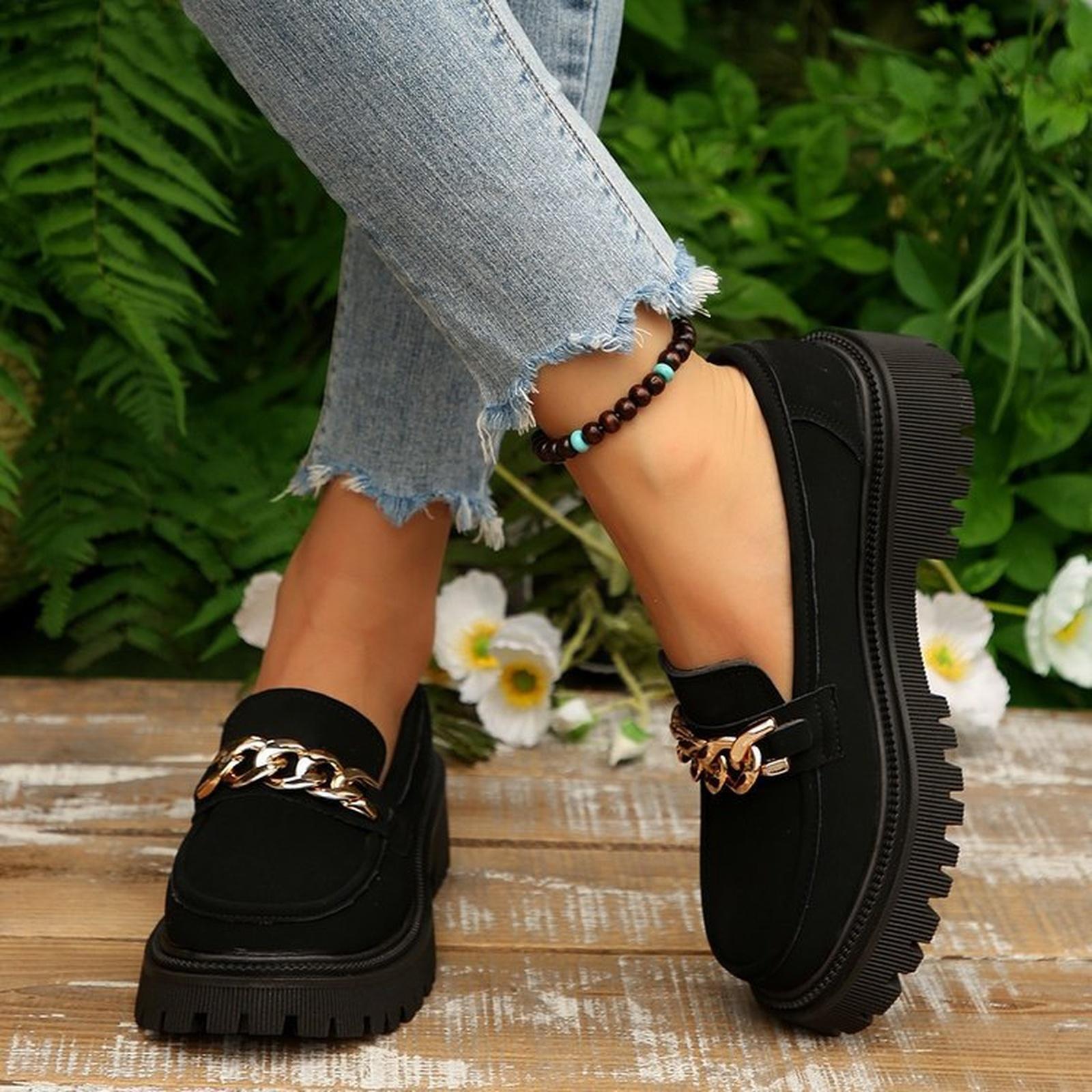 Женские лоферы на массивной подошве с протектором деловые для работы нарядные лоферы с цепочкой 36 чёрный 2100₽