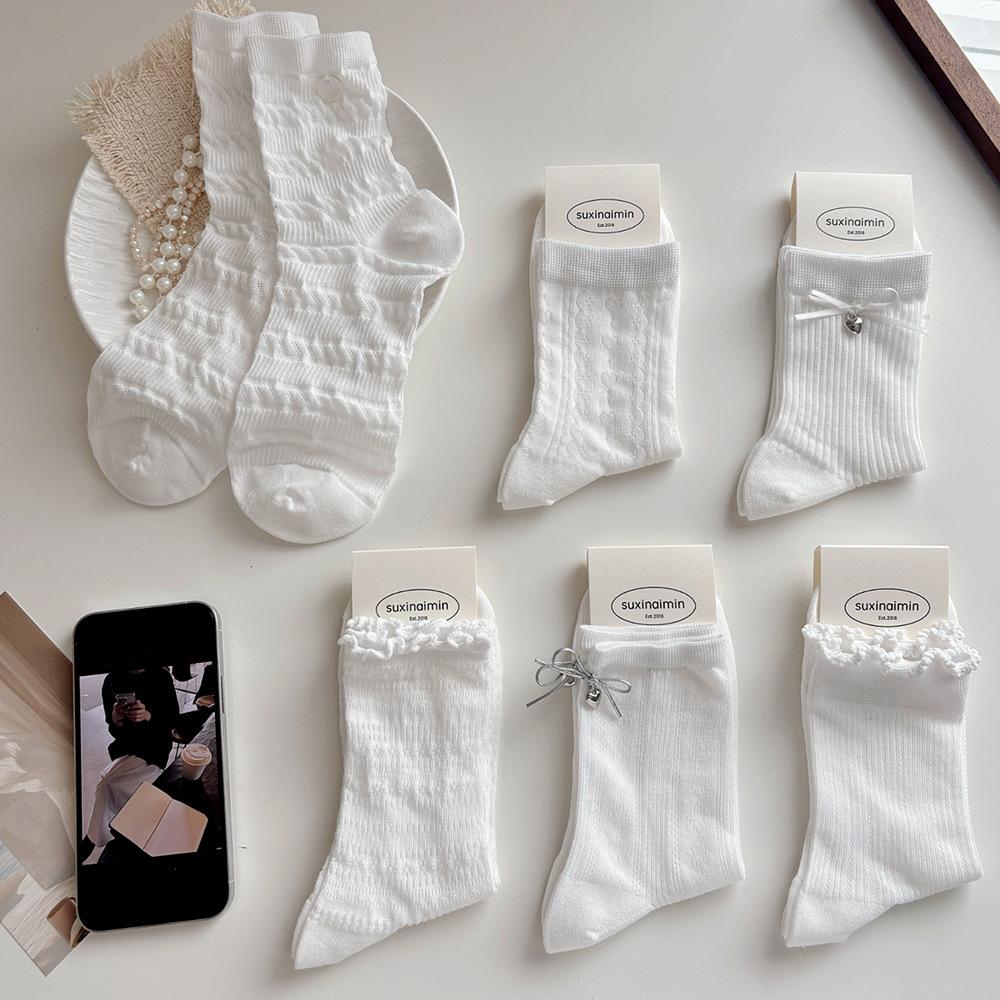 Sock Children's Mid-length Summer Lightweight Lace-up Floral-patterned Sock with Heart-shaped Bows and Multiple Layers of Socks