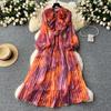 French retro elegant dress women's autumn new sweet fungus edge splicing long-sleeved waist printing chiffon skirt