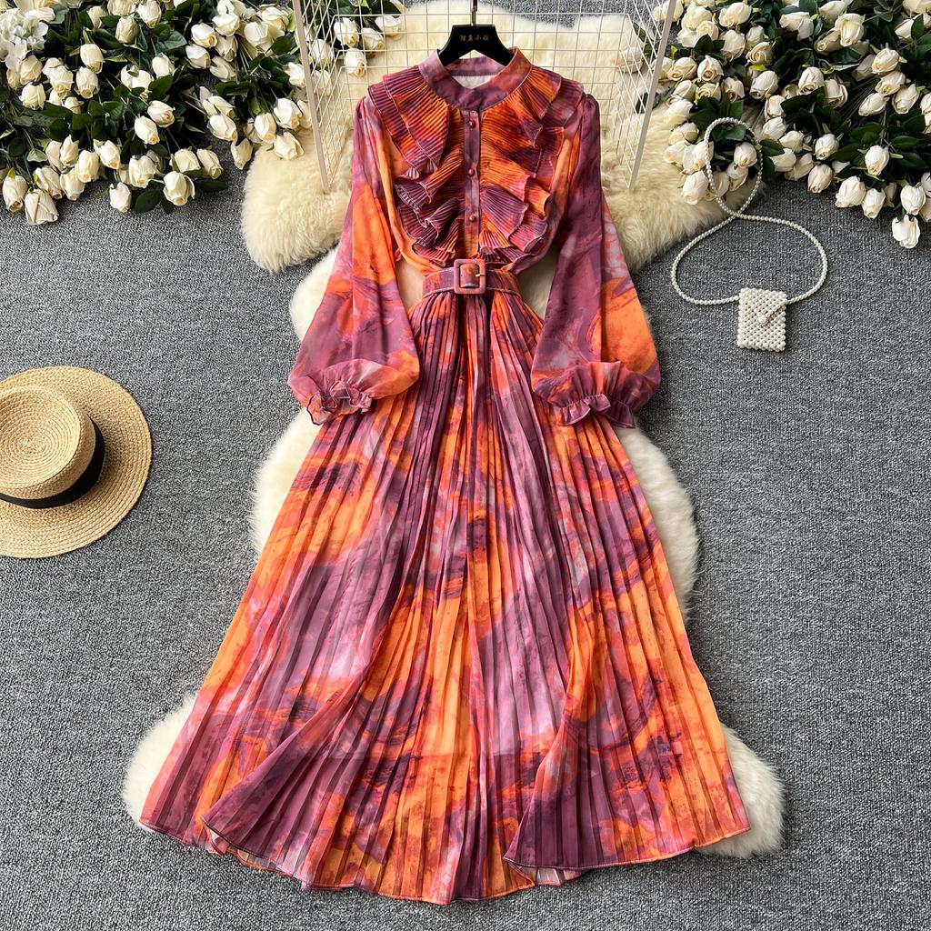 French retro elegant dress women's autumn new sweet fungus edge splicing long-sleeved waist printing chiffon skirt
