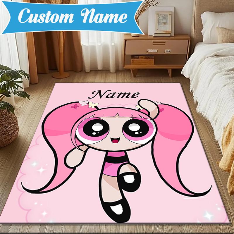 Benutzerdefinierter Name Powerpuff Abenteuer Teppich Spiel Teppich, Fußmatte für Schlafzimmer Wohnzimmer Eingangsbereich Teppich, Heimdeko Idee Geschenk für Weihnachten Geburtstag