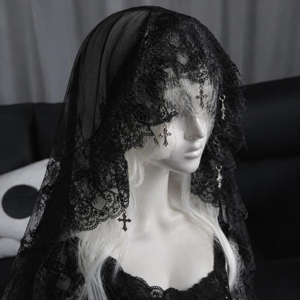 Gothic Style Lolita Tulle Head Cover Cross Pendant Lolita Lace Veil Y2K Wedding Veil Women
