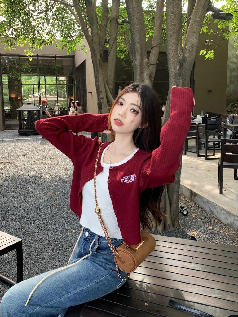 Plus Size American Retro Letter Knit Cardigan - Slimming, Short, Hot Girl Style