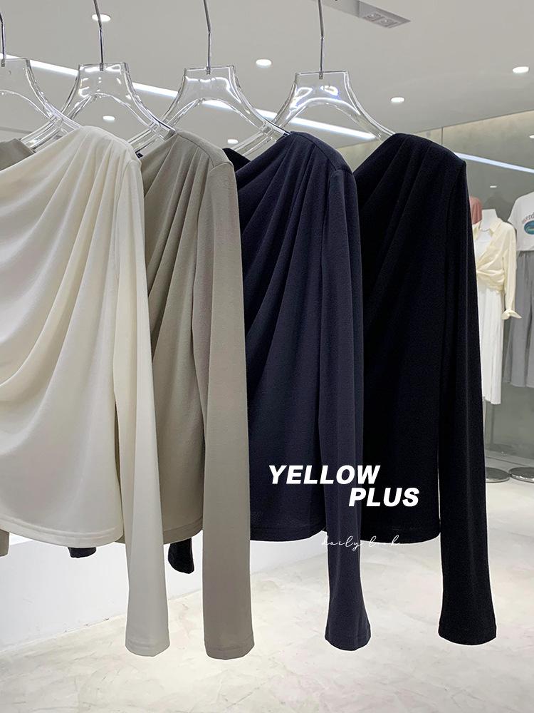 New 2024 Off-Shoulder Ruched Long-Sleeve T-Shirt, Rayon 1x1, 260g, High-End.