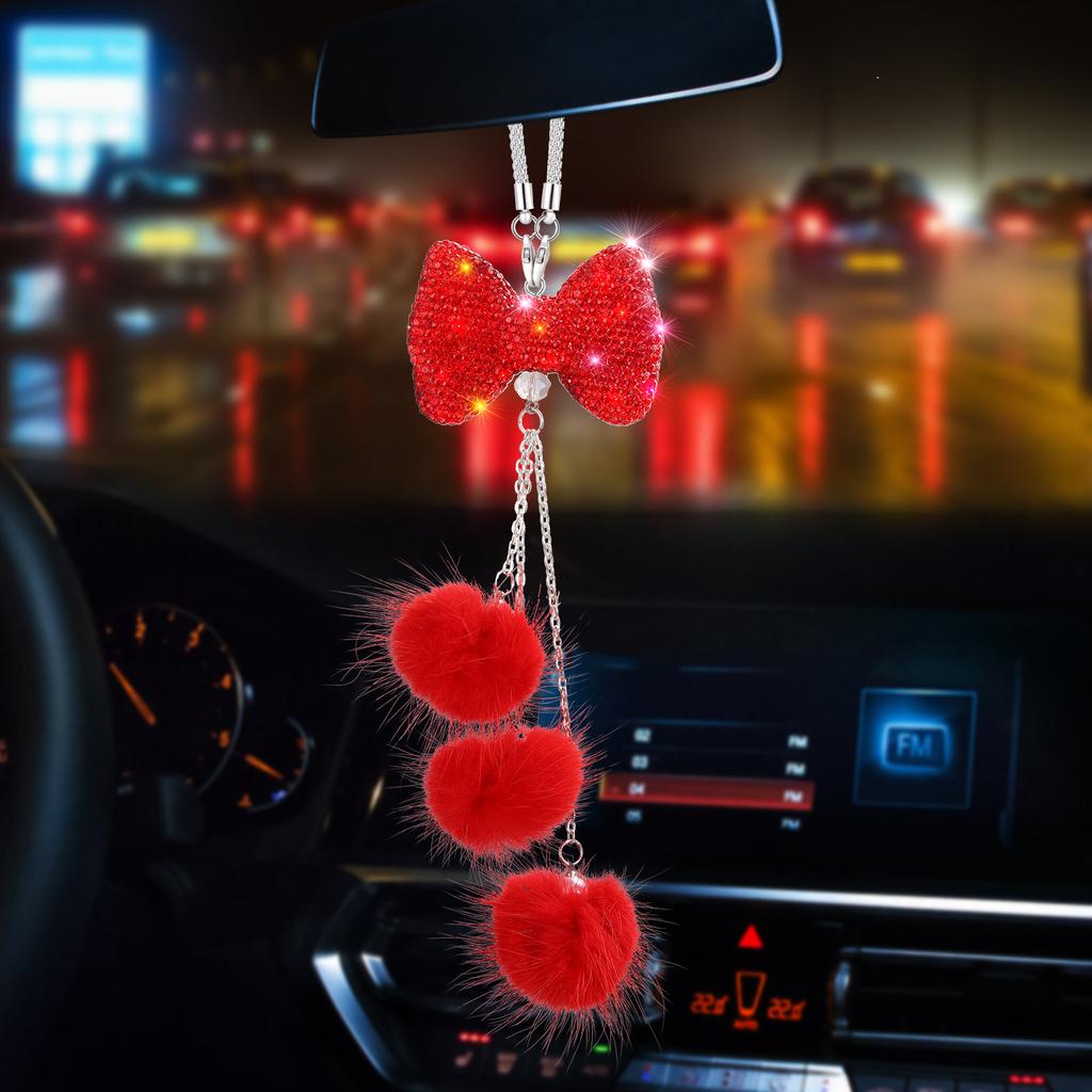 Fashion Diamond Bowknot Pendant Car Rearview Mirror Hanging Decoraction Ornament Christmas Birthday Gift Women's Car Accessories