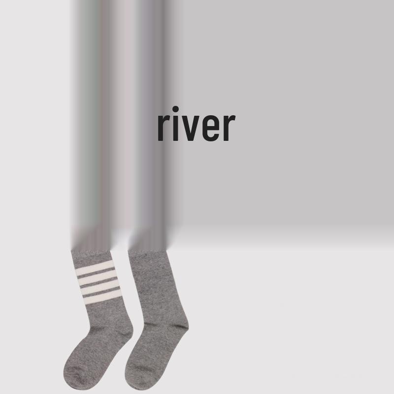 

Spring/Summer Women s Trendy 4-Stripe Mid-Calf and Over-the-Knee Grey Socks Black