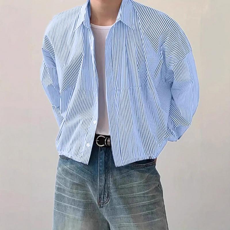 2026 New Men's Fashion Turn-down Collar Vertical Striped Loose Long Sleeve Shirt