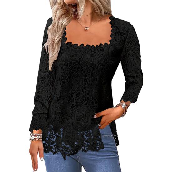 Solid Large Size Neck Color Hollow Out Square Lace Long Sleeve Soft Loose Breathable Pullover T-shirt