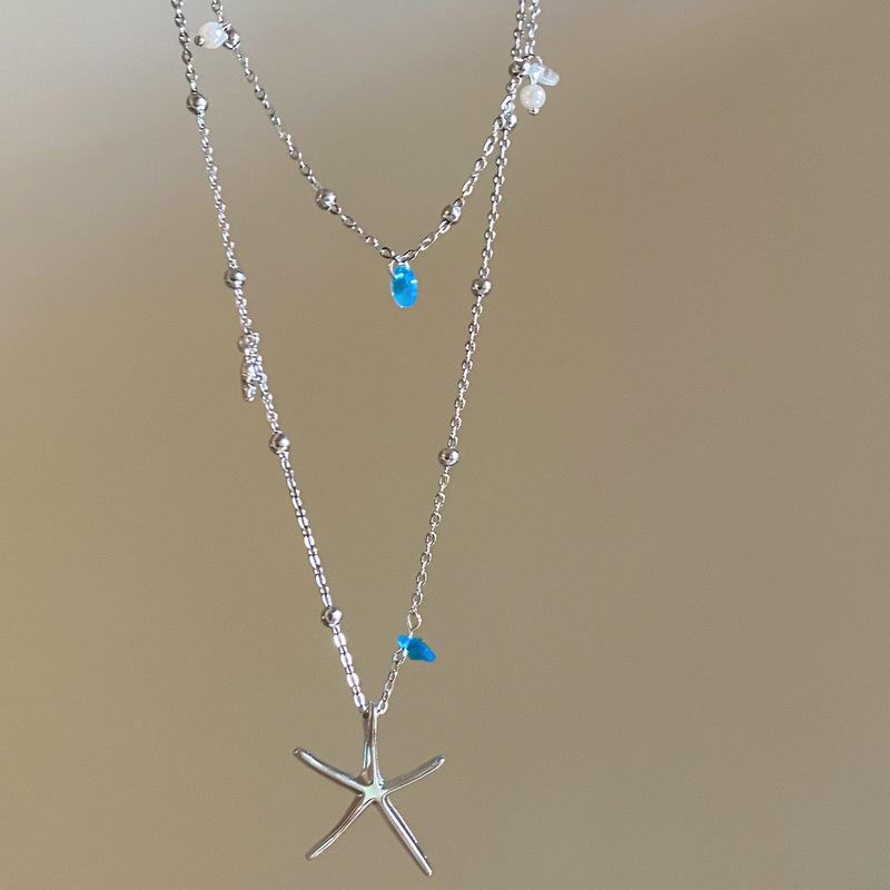 2026 Summer Sea Breeze Starfish Pendant Necklace: Double-Layer Clavicle Chain for Women, Perfect Seaside Vacation Accessory