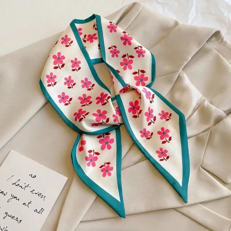 Silk Long Scarf Women Leopard Flamingo Print Luxury Hairband Narrow Scarves Small Neckerchief Summer Headband Ribbons Female