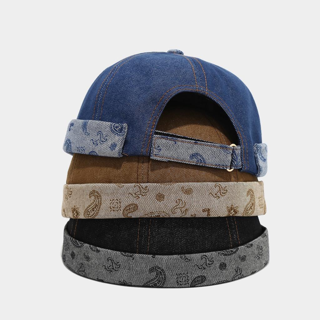 Unisex Paisley Denim Brimless Cap American Retro Streetwear Landlord Hat Trendy Yuppie Personality Casual Docker Skullcap