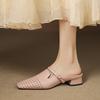 Mode 2025 Sommer Damen Schuhe Echtes Leder Eckige Zehenpartie Damen Sandalen Ausgehöhlt Atmungsaktive Sandalen für Damen Klobiger Absatz Pantoletten Schuhe