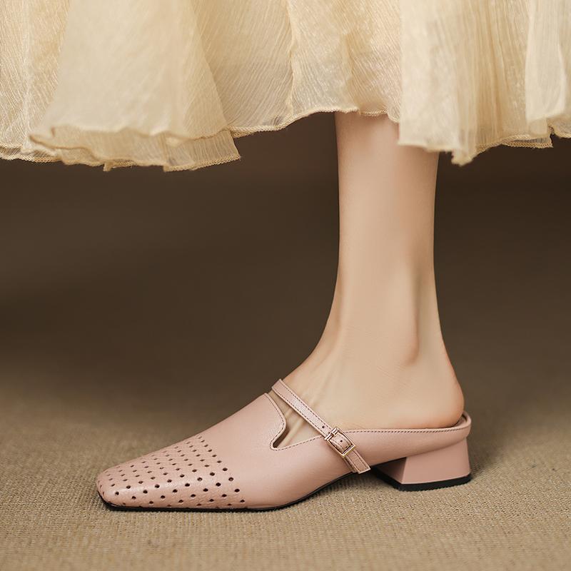 Mode 2025 Sommer Damen Schuhe Echtes Leder Eckige Zehenpartie Damen Sandalen Ausgehöhlt Atmungsaktive Sandalen für Damen Klobiger Absatz Pantoletten Schuhe