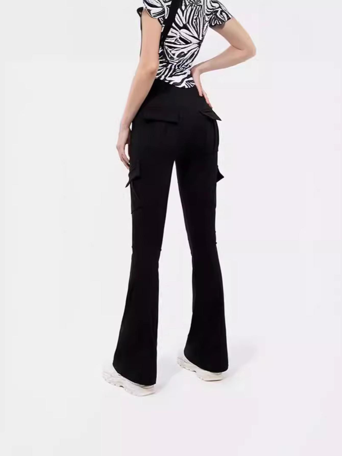 

Женские брюки с широкими штанинами, леггинсы для фитнеса, спорта, с высокой талией, клеш, легинсы с карманом, пуш-ап брюки, леггинсы для тренировок, брюки карго, повседневные брюки в стиле хип-хоп S чёрный