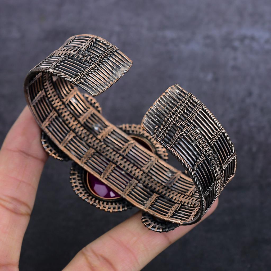 Rosa Rubellit Handgefertigter Kupferdraht Wickel Armreif Verstellbar R7J26