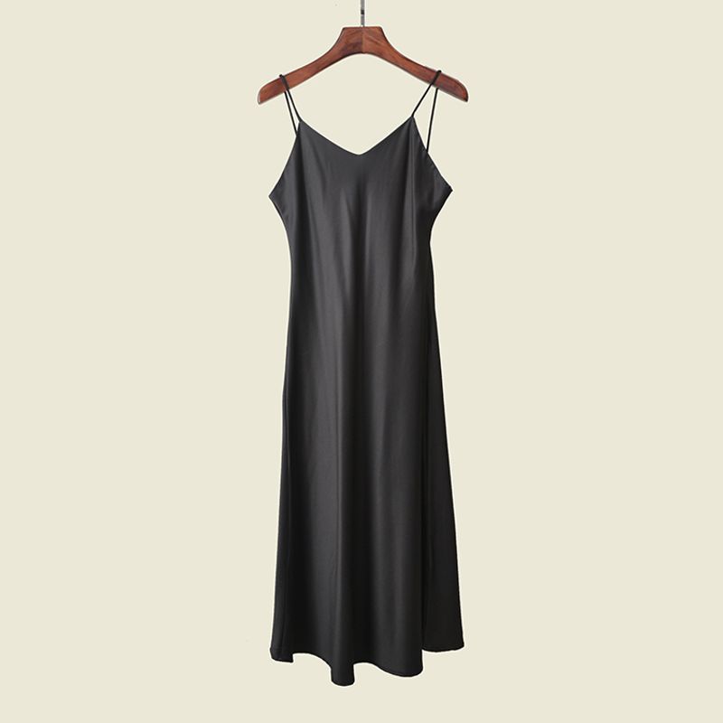 

Socialite Satin Suspender Dress Pure Color Glossy A- line Summer Back Shaping Silm Dress Dark gray M