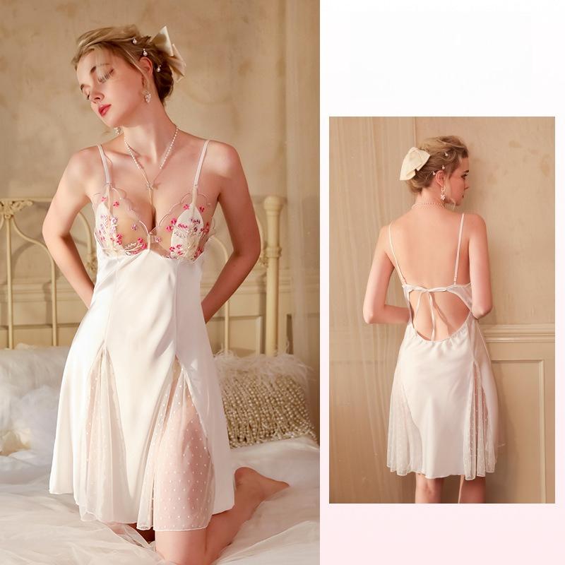 Eis Seide Satin Cami Nachthemd V-Ausschnitt Rückenfrei Spitze Patchwork Sommer Kühl Loungewear 539 Seidig Atmungsaktiv Nachtwäsche Perfekt für Heiße Tage