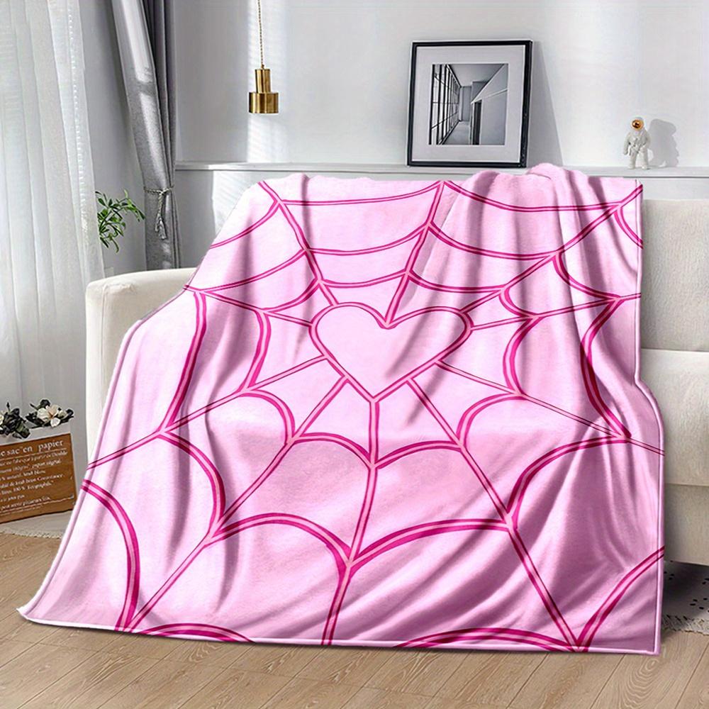 pink heart spider web design flannel throw blanket, reusable all season cozy cover, polyester, nonwoven, digital print, country