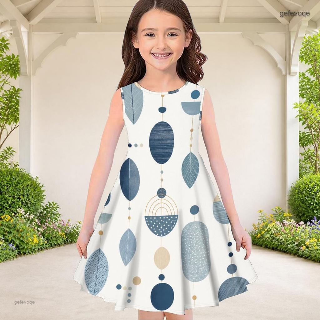 Girls Round Neck Sleeveless Geometric Printed A Line Flared Dress