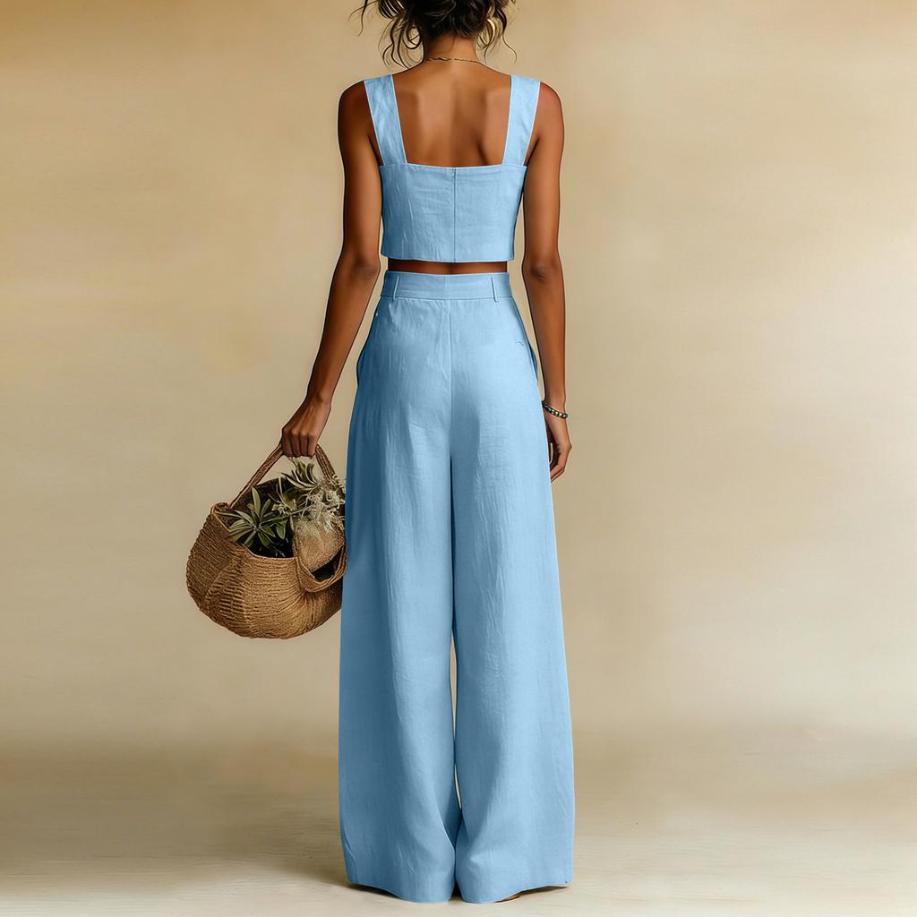 Women's Casual Square Neck Wide Leg Pants Set, Loose Sleeveless Vest Two-piece Set