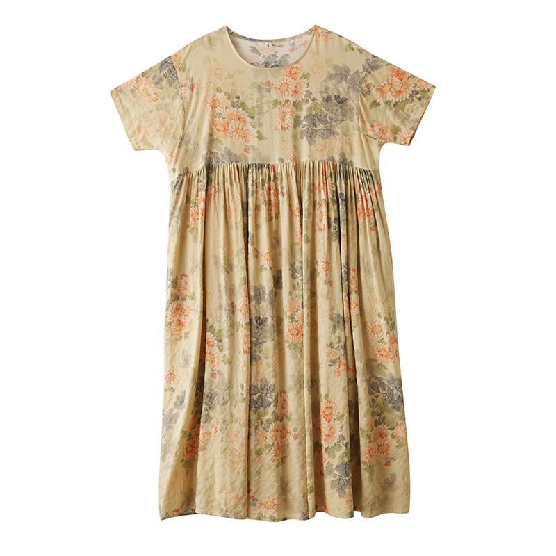 DIMANAF 2025 Summer Plus Size Dress Basic Women Vintage Casual Loose O-Neck Long Floral Printing Dress Maxi