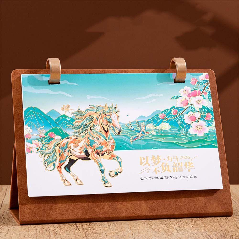 Leather Coil Horse Year Desk Calendar Flip Design Standing 2026 Desktop Calendar Retro Monthly Planner Daily Planning
