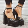 Plus Size Plaid Patent Leather Side Cut-Out Women's Sandals Metal Chain Decoration Ultra-High Double-Deck Platform Fashion Shoes