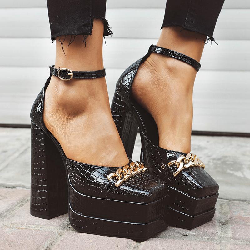 Plus Size Plaid Patent Leather Side Cut-Out Women's Sandals Metal Chain Decoration Ultra-High Double-Deck Platform Fashion Shoes
