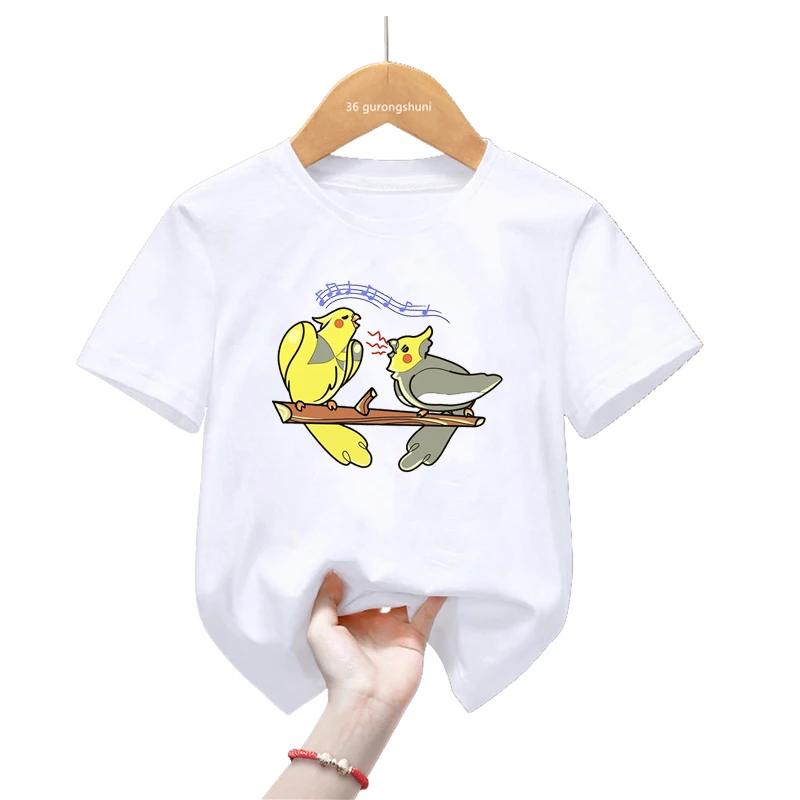 Sommar Tecknad Cockatiel Fågel Tryck T-shirt För Flickor/Pojkar Rolig Papegojfågel Barnkläder Kortärmad T-shirt