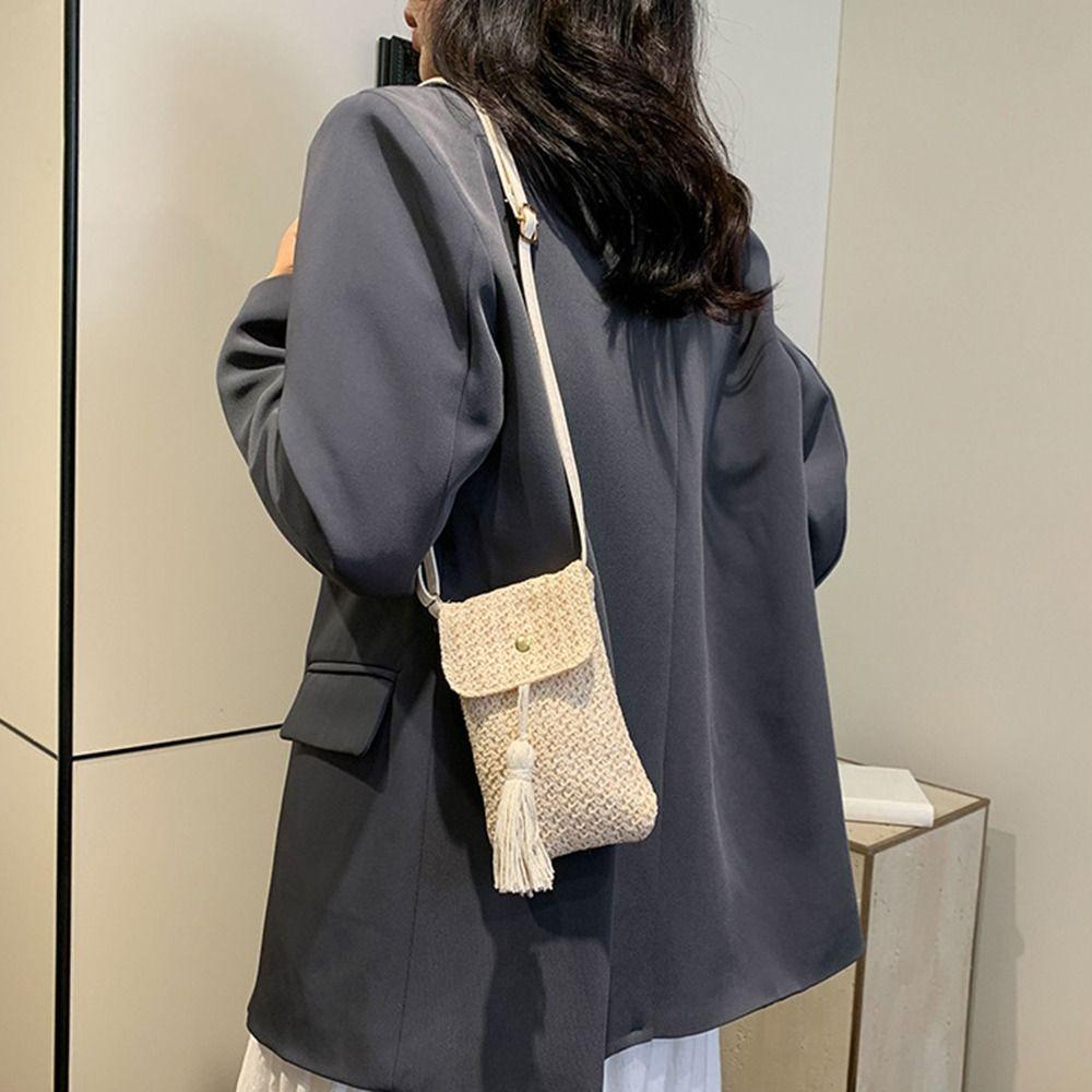 Elegant Woman Phone Pouch Weaving Crossbody Bucket Bag Casual Woven Beach Bag Beach