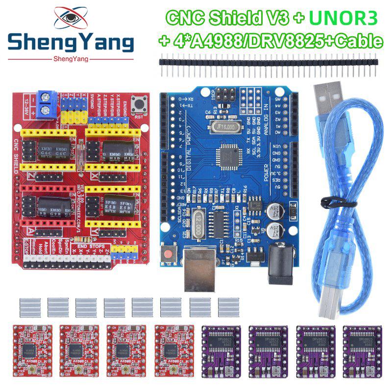 TZTUNO R3 Shield V3 Engraving Machine 3D Printe+ 4pcs DRV8825 Or A4988 Driver Expansion Board For Arduino With USB Cable