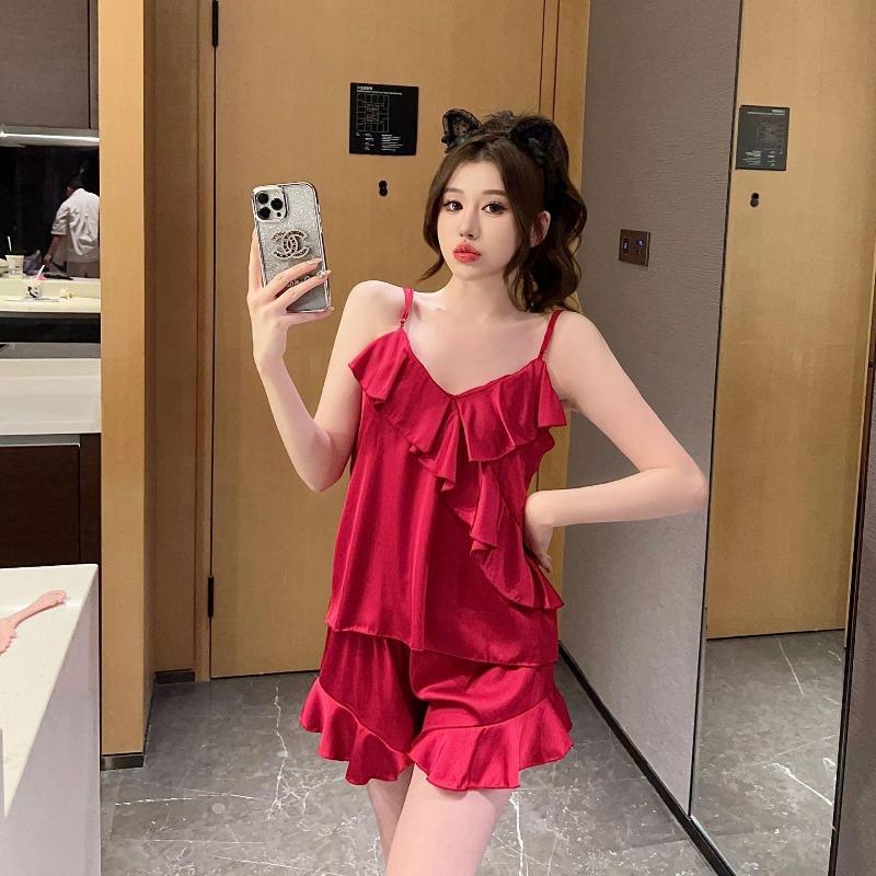 Sexy pajamas women's ice silk summer suspender shorts two-piece set with chest pad pure desire style new loungewear available