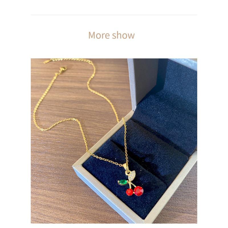 Korean Style Fresh Red Cherry Pendant Titanium Steel Zircon Clavicle Necklace Women Summer Versatile