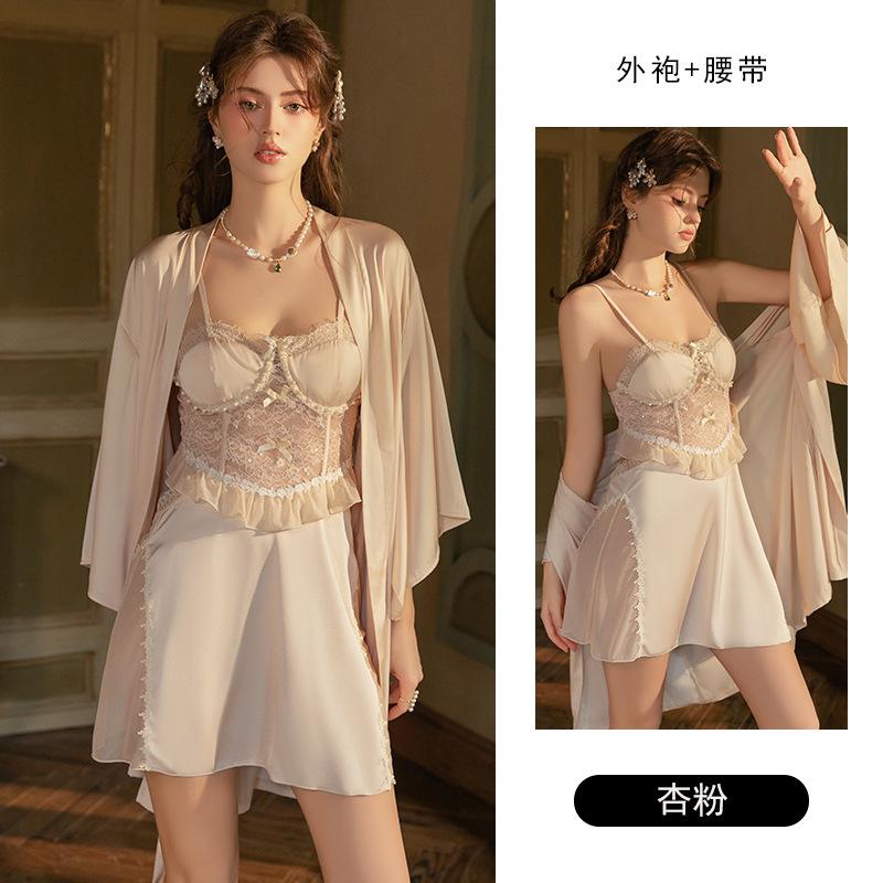 Women's Palace Style Satin Lace Sheer Padded Backless Cami Sleep Dress with Robe Set
