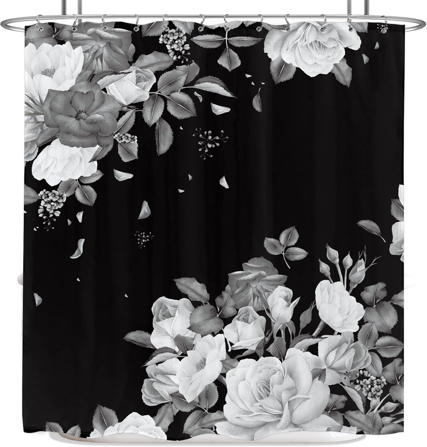 Black Floral Shower Curtain White Grey Blossom Rose Unique Modern Waterproof Fabric Home Bathtub Decorative Shower Curtain W90xH180cm