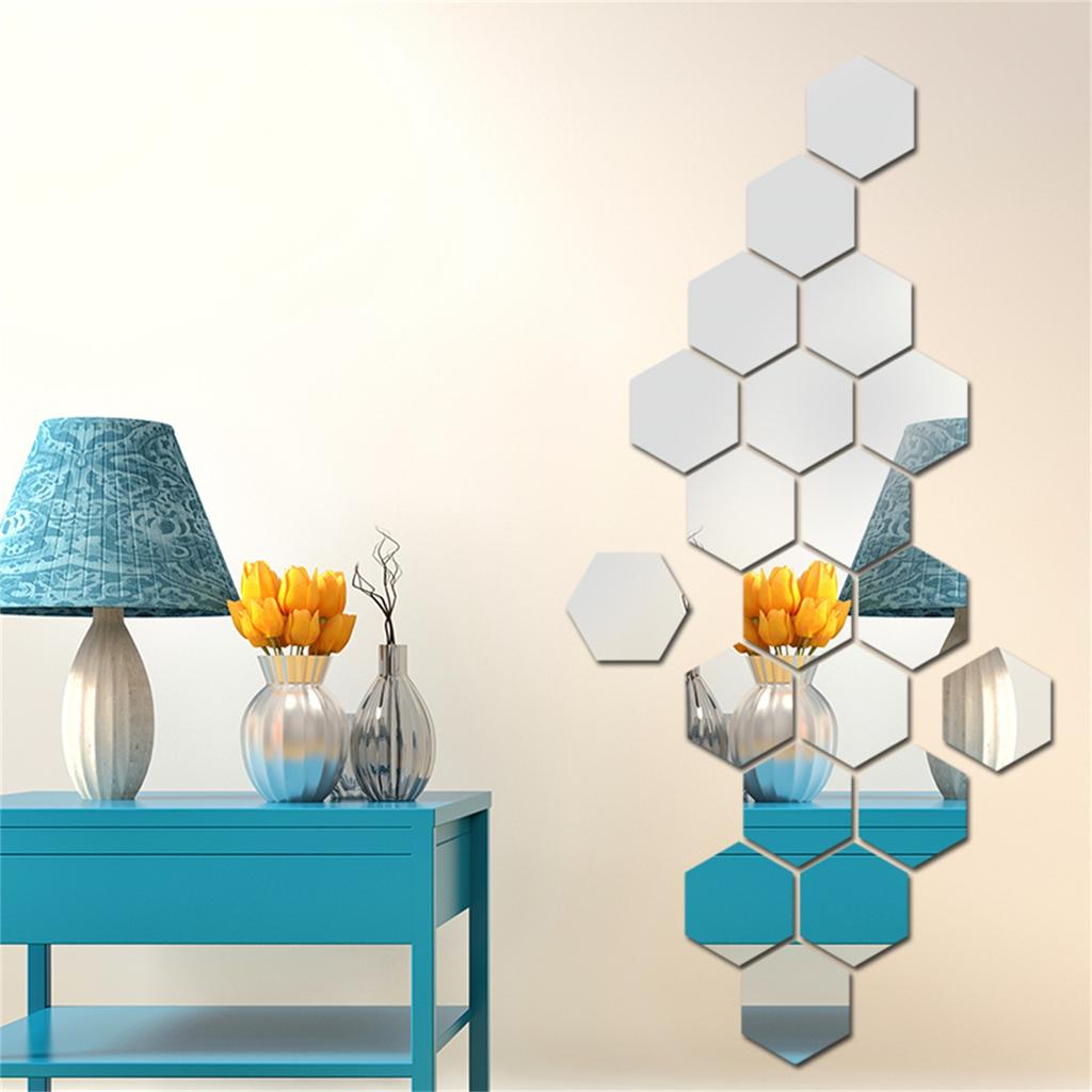 Mirror Wall Stickers, Hexagon Mirror Art DIY Home Decorative Wall Mural Acrylic Self-Adhesive Wall Sheet Tiles For Living Room Bedroom