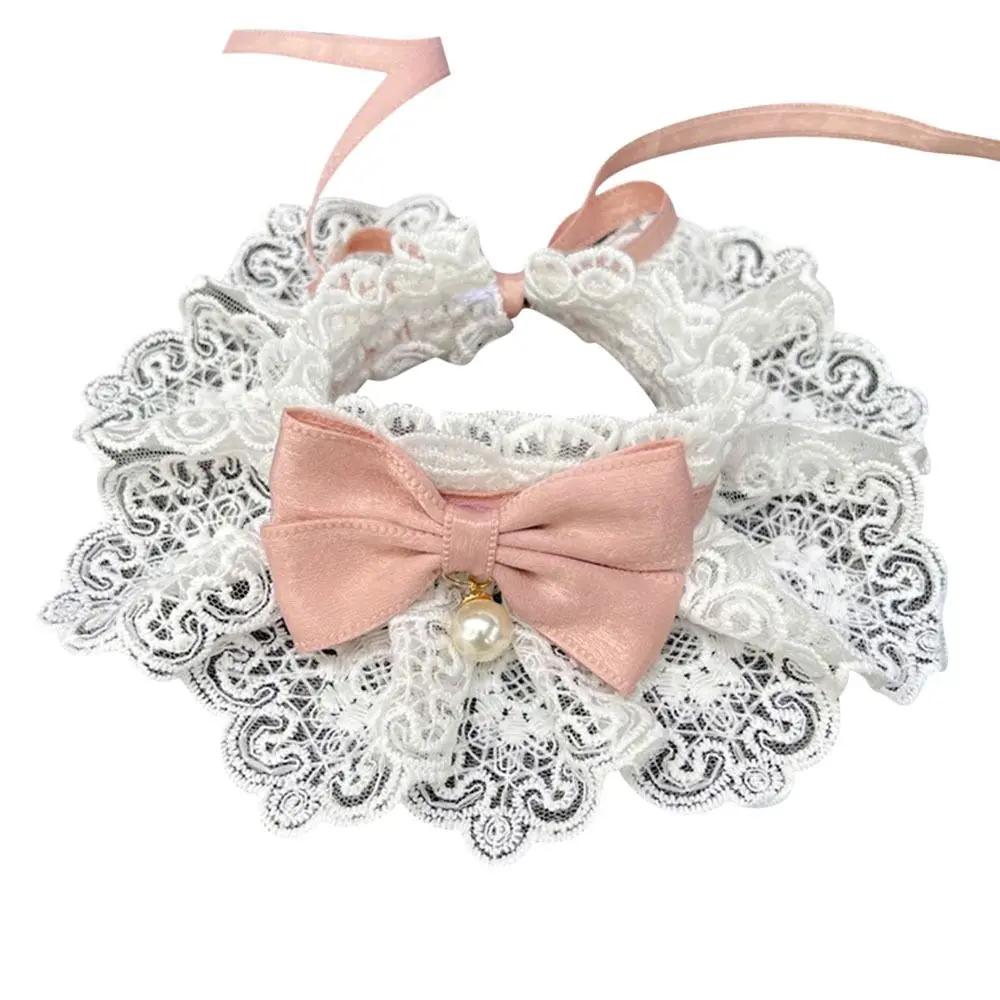 

Модный слюнявчик для собаки / Слюнявчик на шнурке для щенка - Жемчужный воротник, Кружевной бантик, Собачий шейный платок, Шейный ремешок для собаки розовый