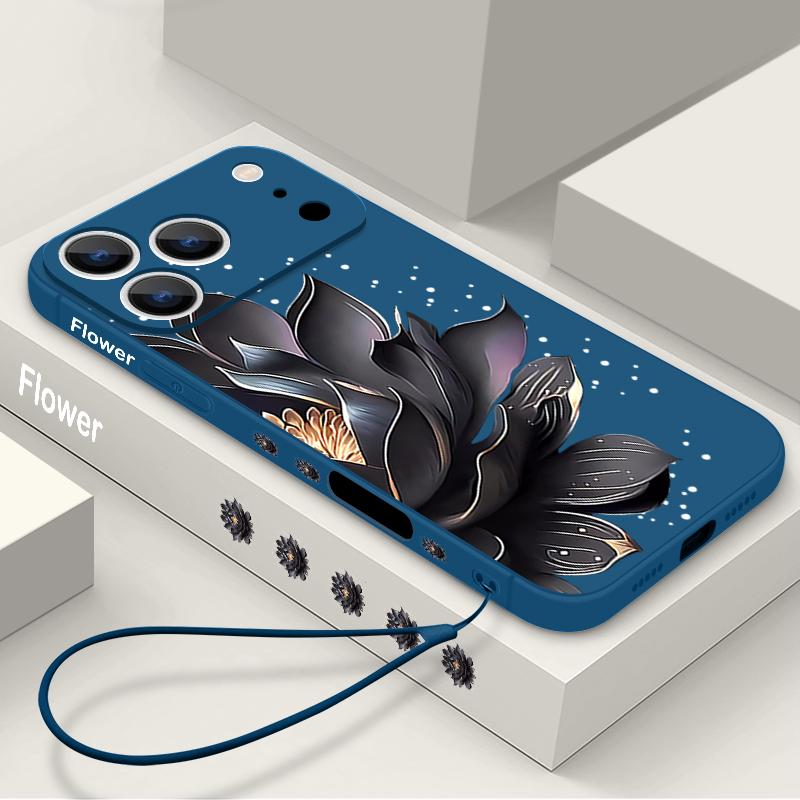 Black Rose Lotus Print Case For iPhone 17 Pro Case for iPhone 17 16 15 14 13 17 Pro Max 16e 15 16 Plus Shockproof TPU Silicone Lanyard Phone Cover