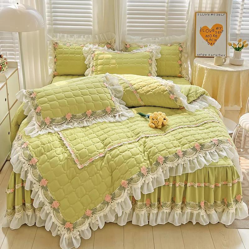 Pink Korean Princess Style Bedding Set Flowers Lace Ruffles Embroidery Quilted Thick Duvet Cover Bedspread Bed Skirt Pillowcases
