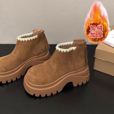 Muffin Thick-soled Cotton Boots Women's New Autumn and Winter Retro Short Tube Rear Zipper Velvet Warm Martin Boots