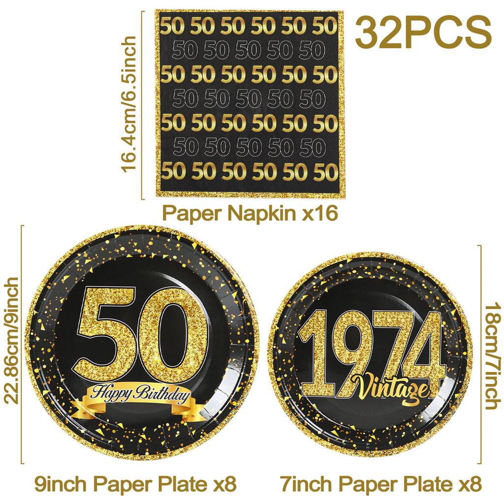 50th Black Gold Birthday Disposable Tableware Paper Plate Towels 50 Birthday Party Decoration 50th Birthday Birthday Anniversary