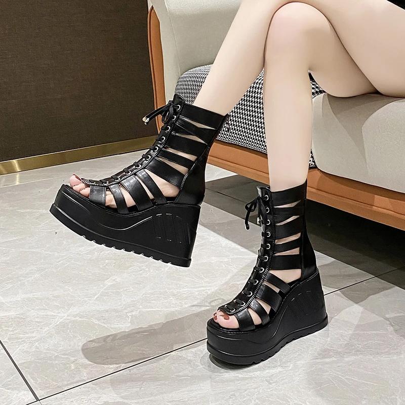 Fashion Women Wedges Sandals High Heels Gothic Punk Summer Platform Shoes Woman Comfort Strappy Zip Buckle Fashion Casual Women Boots