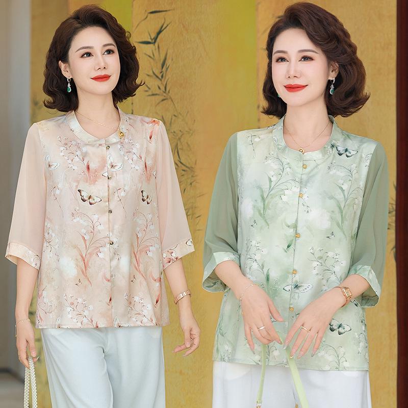 2026 Summer Collection: Mid-Aged Women's Chinese Style Chiffon Blouse - Short-Sleeved, Thin, Elegant Top.