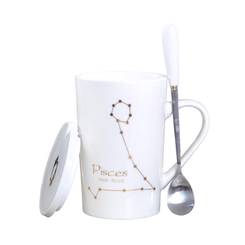Zodiac Ceramic Mug Set: Gold Constellation Design with Lid & Spoon