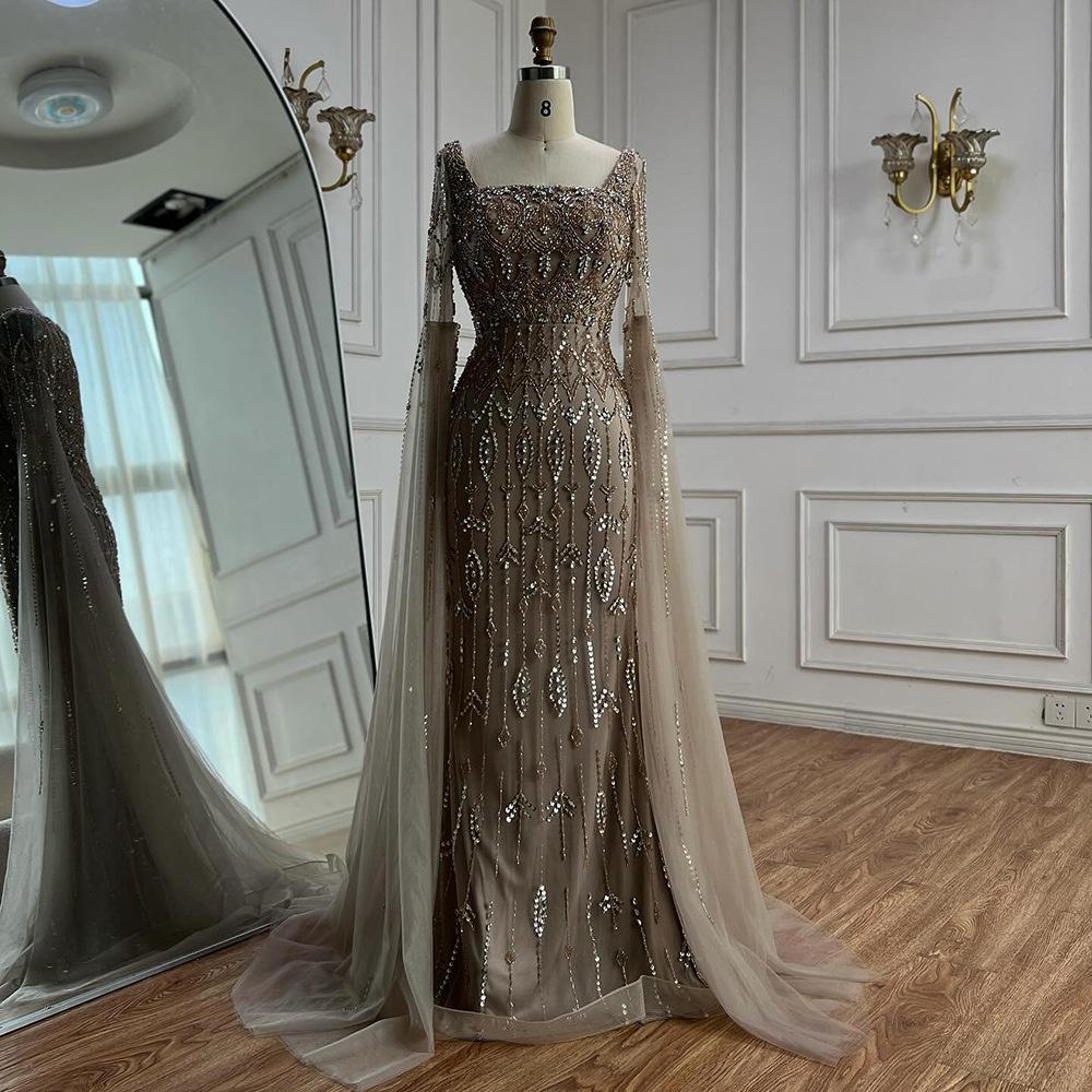 Caramel color flying sleeve evening dress, high-end bead fishtail art exam solo host long dress LA11911