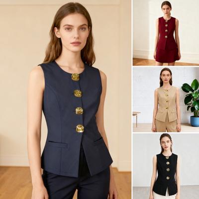 Dámské blejzrové šaty vestového střihu elegantní business bez rukávů oblekové vesta ležérní na knoflíky do kanceláře