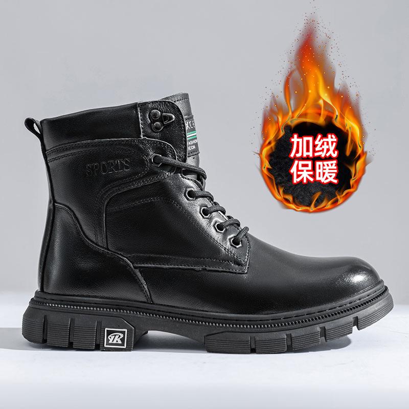 2025 new first-layer cowhide men's genuine leather Martin boots winter men's high-top tooling shoes trendy velvet leather boots